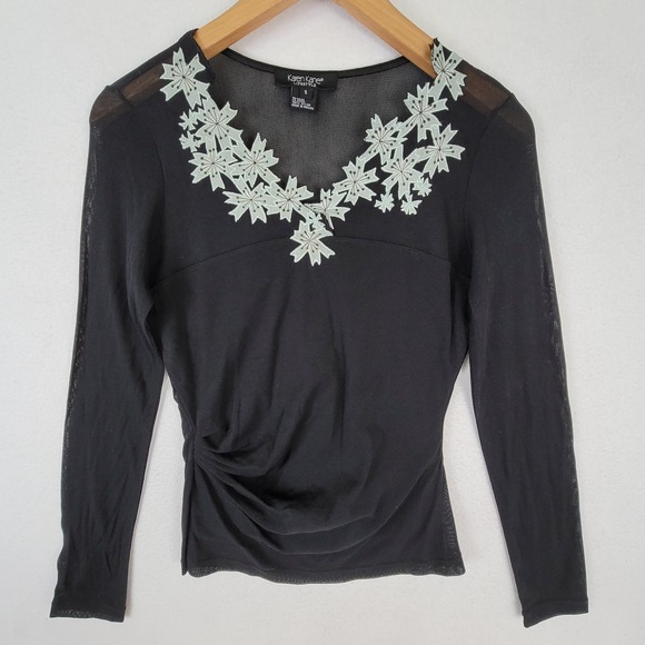 Karen Kane Lifestyle Tops - Karen Kane Lifestyle Black Embroidered Floral Sheer Yoke Top Women's Size S